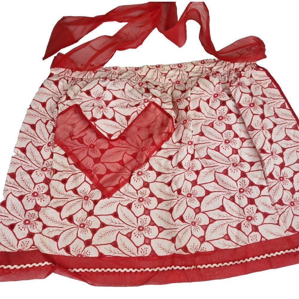Vintage 40s 50s Half Apron Red White Chiffon Pinup Trad Wife Housewife